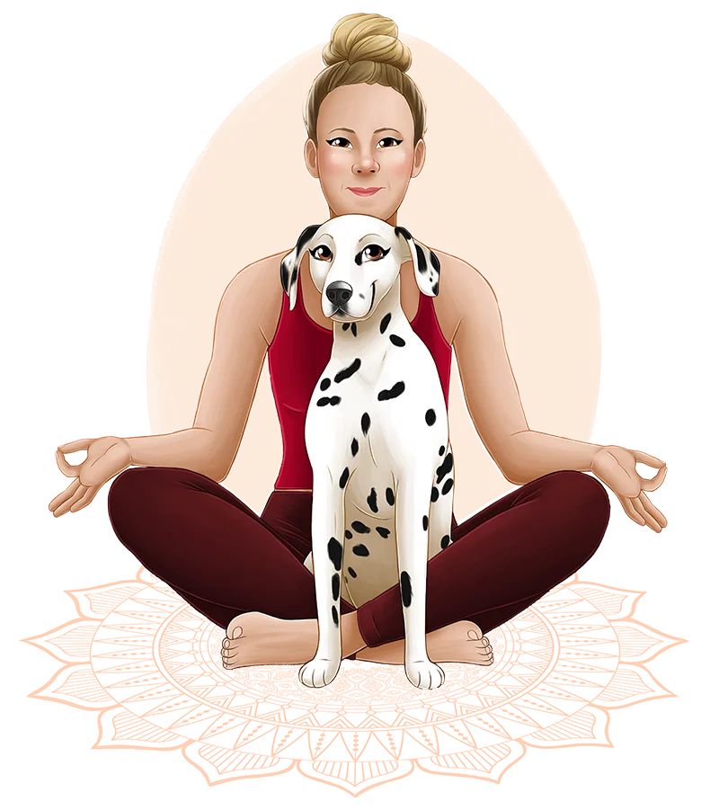 Illustration de la fondatrice de My Karma Dog en posture de yoga avec son dalmatien